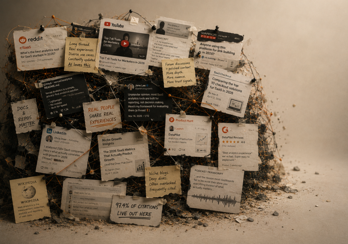 Collage of Reddit threads, YouTube videos, LinkedIn posts, forums, GitHub repos, and niche blogs illustrating how AI engines pull citations from non-Tier-1 sources across the web