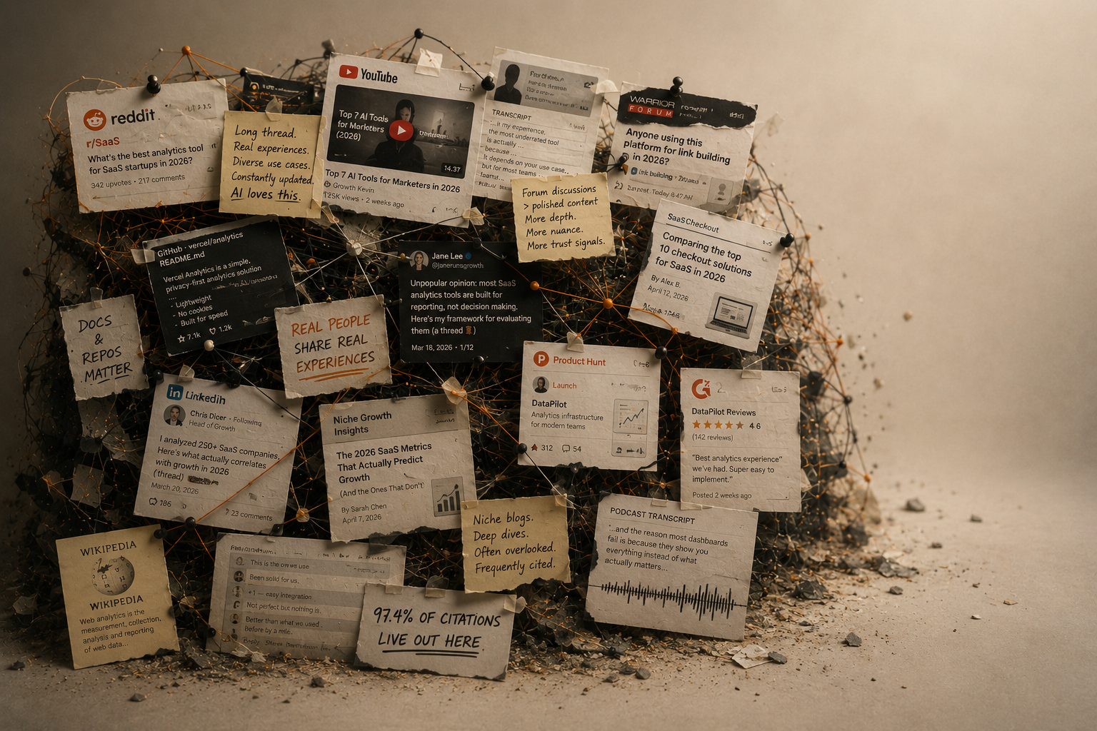 Collage of Reddit threads, YouTube videos, LinkedIn posts, forums, GitHub repos, and niche blogs illustrating how AI engines pull citations from non-Tier-1 sources across the web