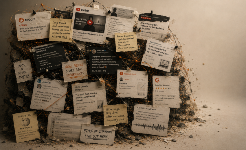 Collage of Reddit threads, YouTube videos, LinkedIn posts, forums, GitHub repos, and niche blogs illustrating how AI engines pull citations from non-Tier-1 sources across the web