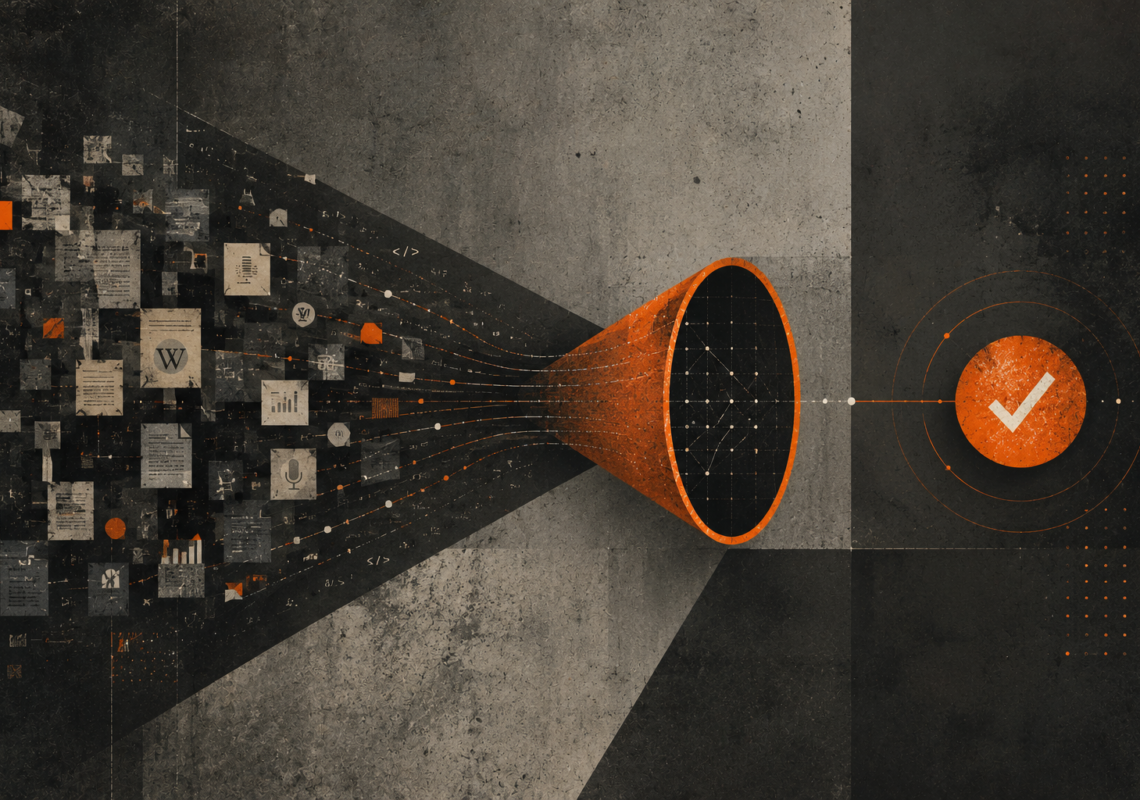 Editorial-style still life featuring five AI citation source types represented as abstract research documents, podcast transcript elements, comparison sheets, and publication artifacts arranged on a dark textured background with muted cream and terracotta tones.