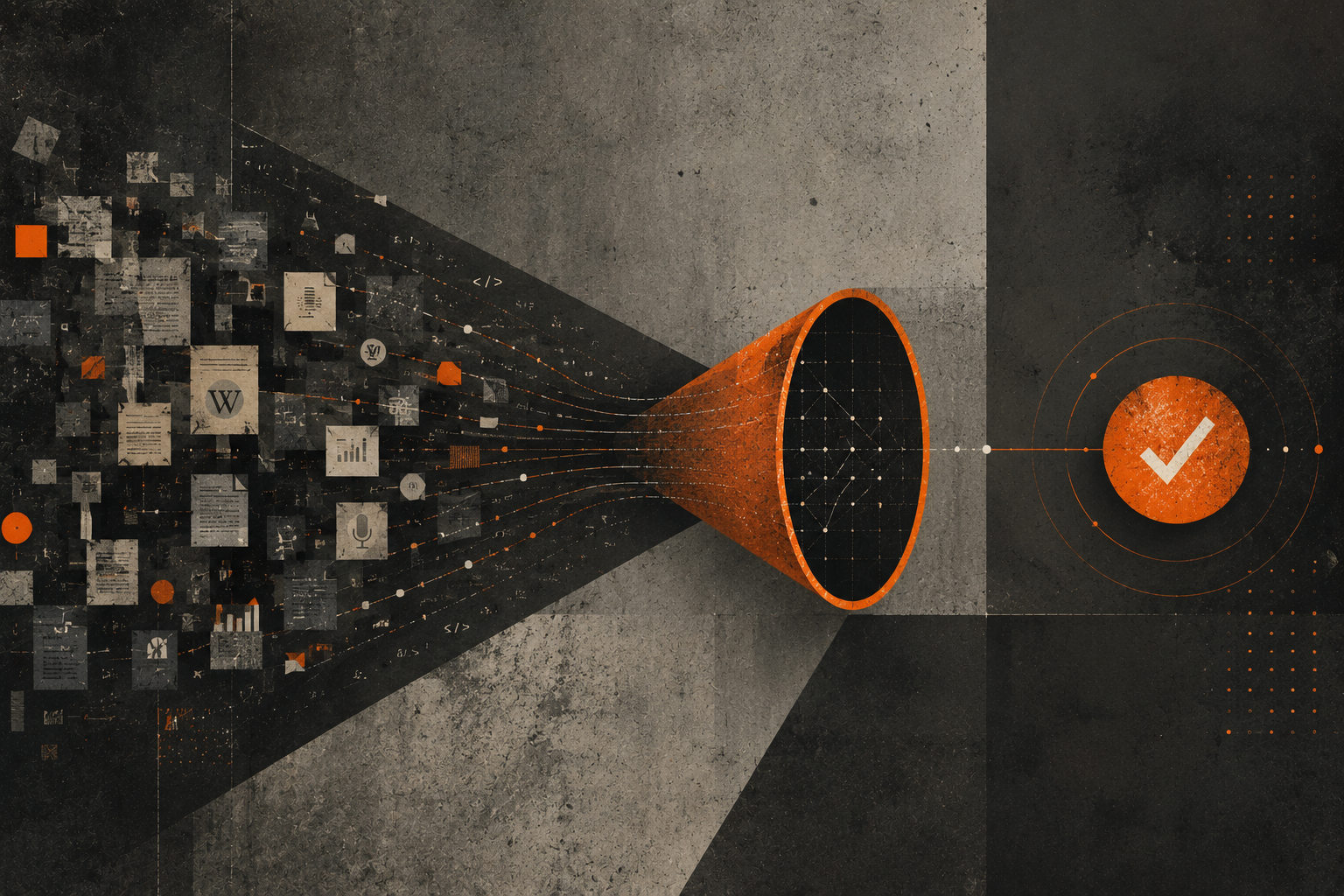 Editorial-style still life featuring five AI citation source types represented as abstract research documents, podcast transcript elements, comparison sheets, and publication artifacts arranged on a dark textured background with muted cream and terracotta tones.