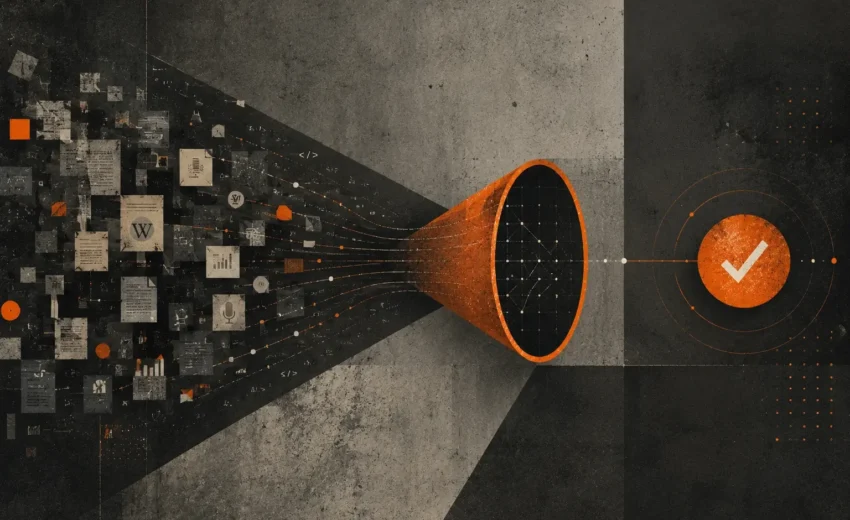 Editorial-style still life featuring five AI citation source types represented as abstract research documents, podcast transcript elements, comparison sheets, and publication artifacts arranged on a dark textured background with muted cream and terracotta tones.