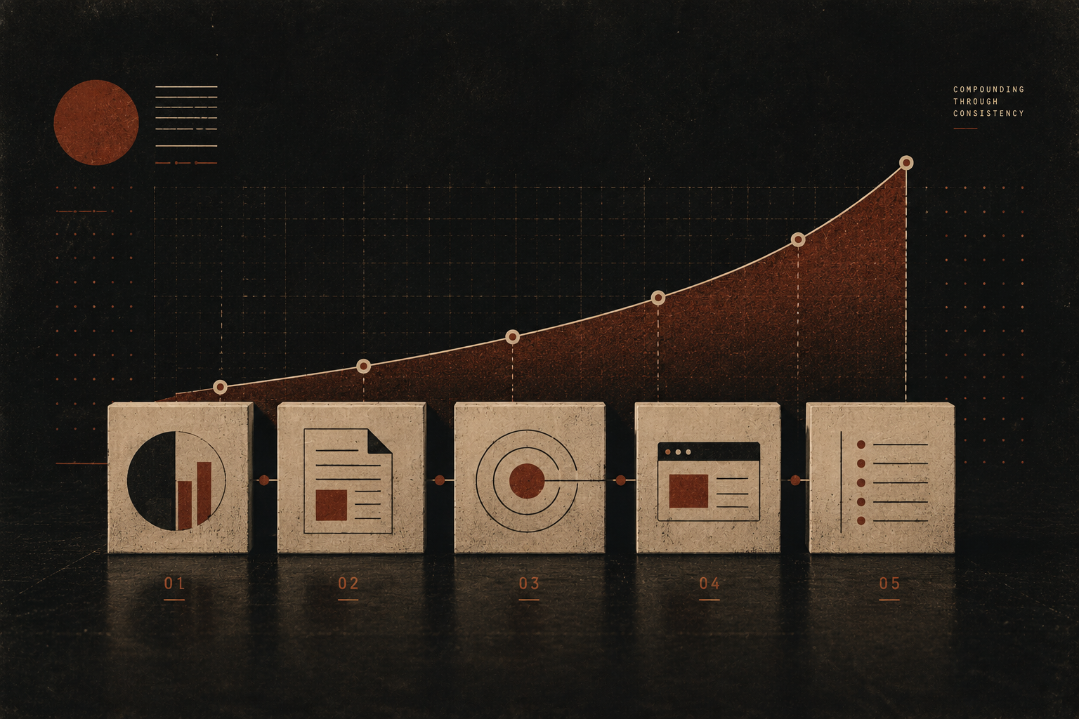 Abstract editorial-style visualization of a five-step weekly AEO workflow with compounding growth chart, textured analog design elements, and retro-inspired data blocks on a dark cinematic background.