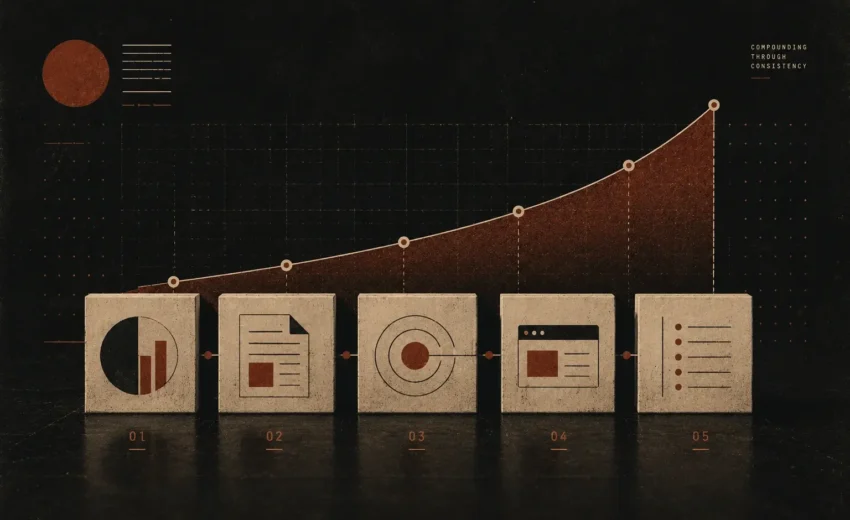Abstract editorial-style visualization of a five-step weekly AEO workflow with compounding growth chart, textured analog design elements, and retro-inspired data blocks on a dark cinematic background.