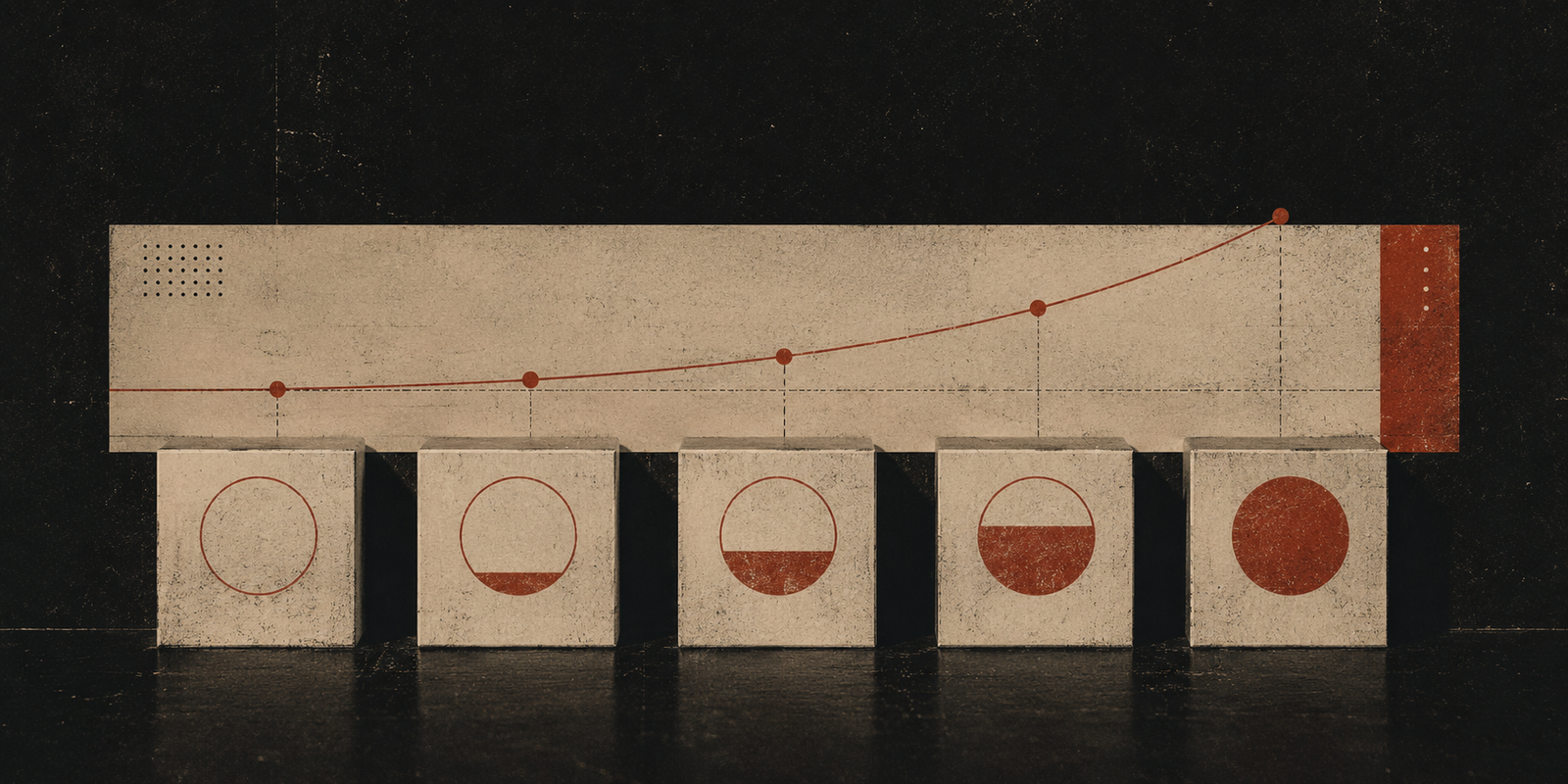 Abstract editorial-style visualization of a five-step weekly AEO workflow with compounding growth chart, textured analog design elements, and retro-inspired data blocks on a dark cinematic background.