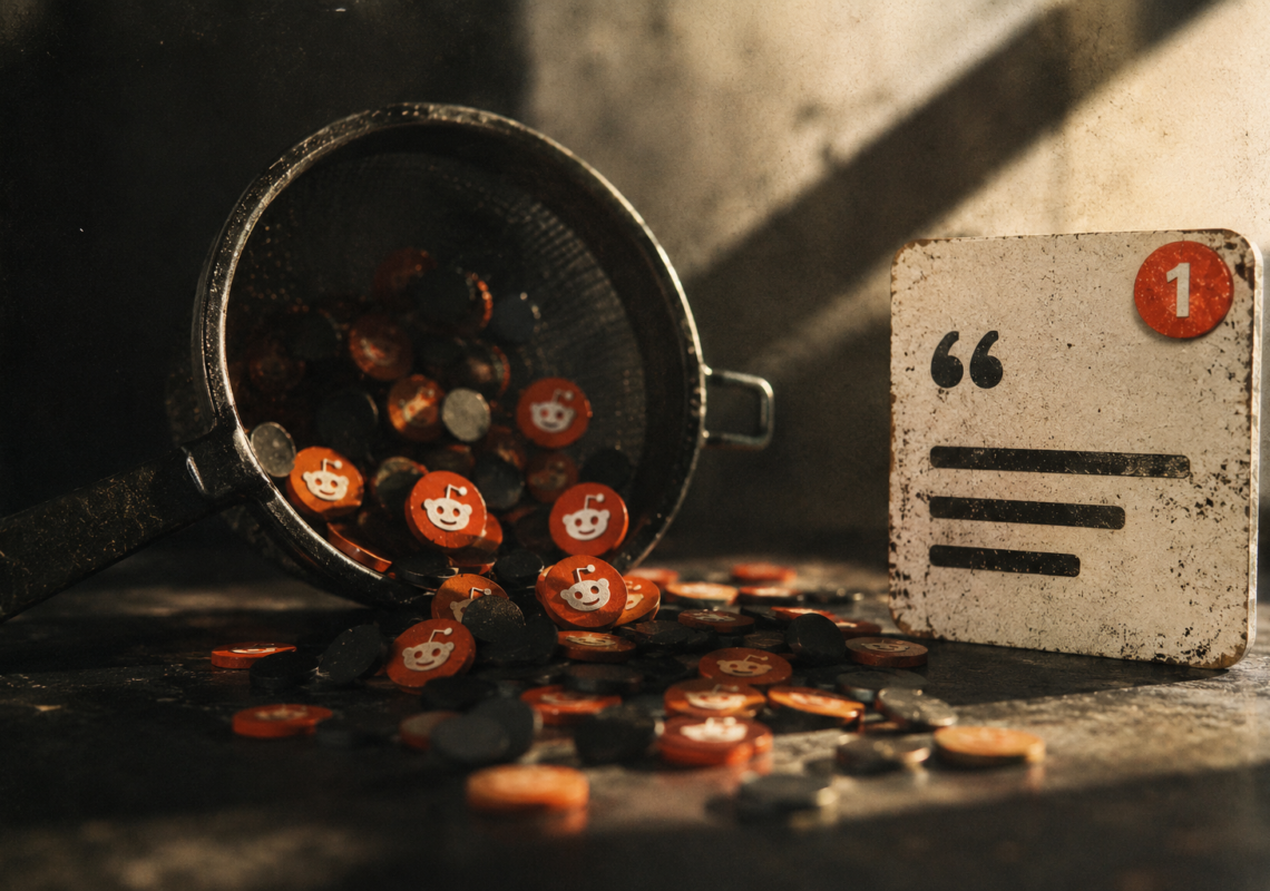Vintage-inspired 35mm-style still life featuring Reddit-style tokens spilling from a metal strainer beside a weathered citation card, symbolizing how AI systems retrieve community content but rarely cite it directly.