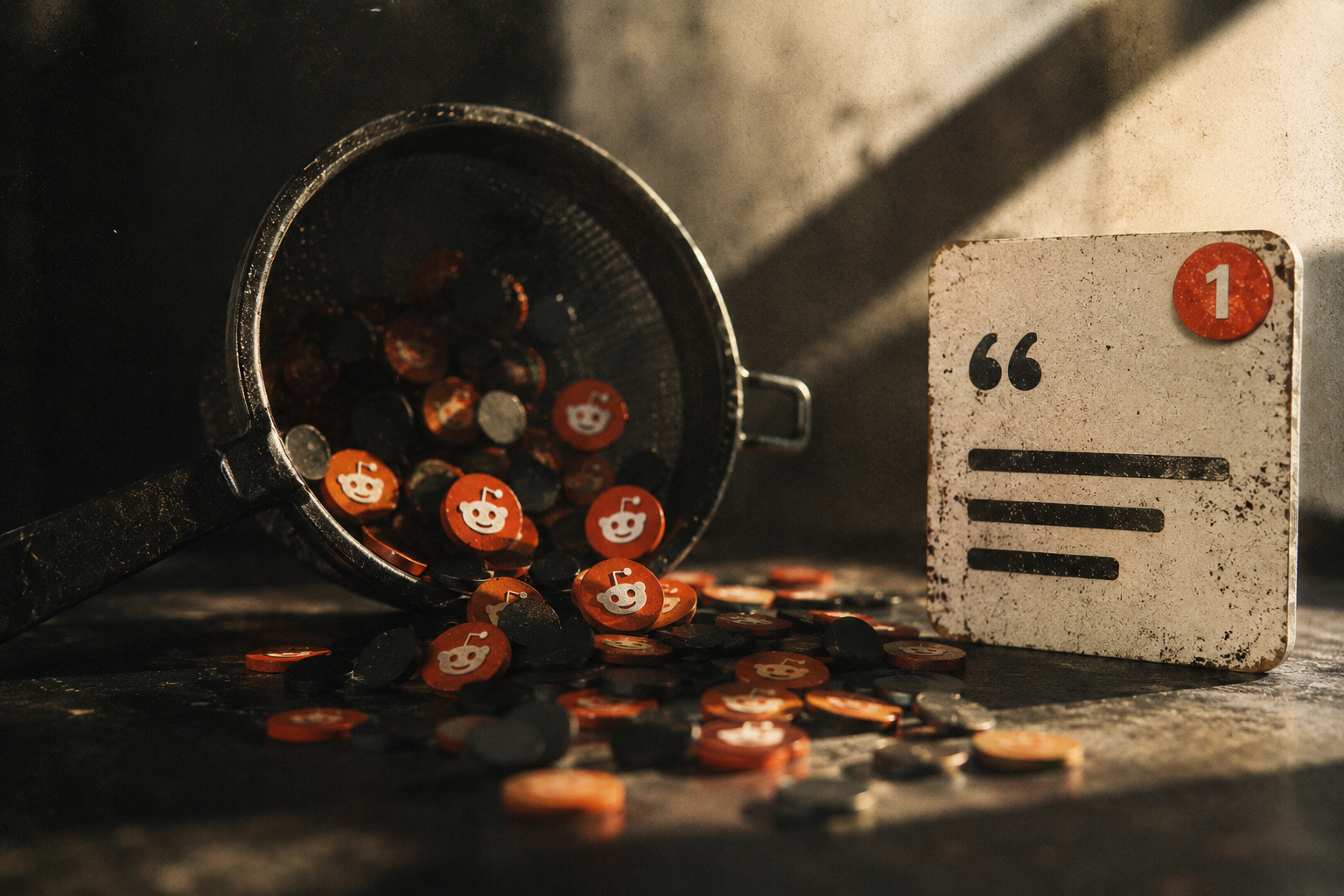 Vintage-inspired 35mm-style still life featuring Reddit-style tokens spilling from a metal strainer beside a weathered citation card, symbolizing how AI systems retrieve community content but rarely cite it directly.