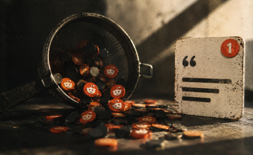 Vintage-inspired 35mm-style still life featuring Reddit-style tokens spilling from a metal strainer beside a weathered citation card, symbolizing how AI systems retrieve community content but rarely cite it directly.