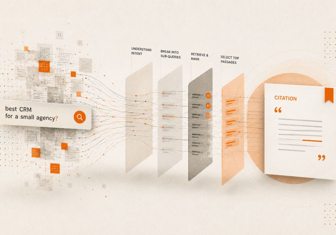 Light editorial illustration showing an AI citation pipeline where search queries break into sub-queries, pass through ranking layers, and resolve into a cited answer.