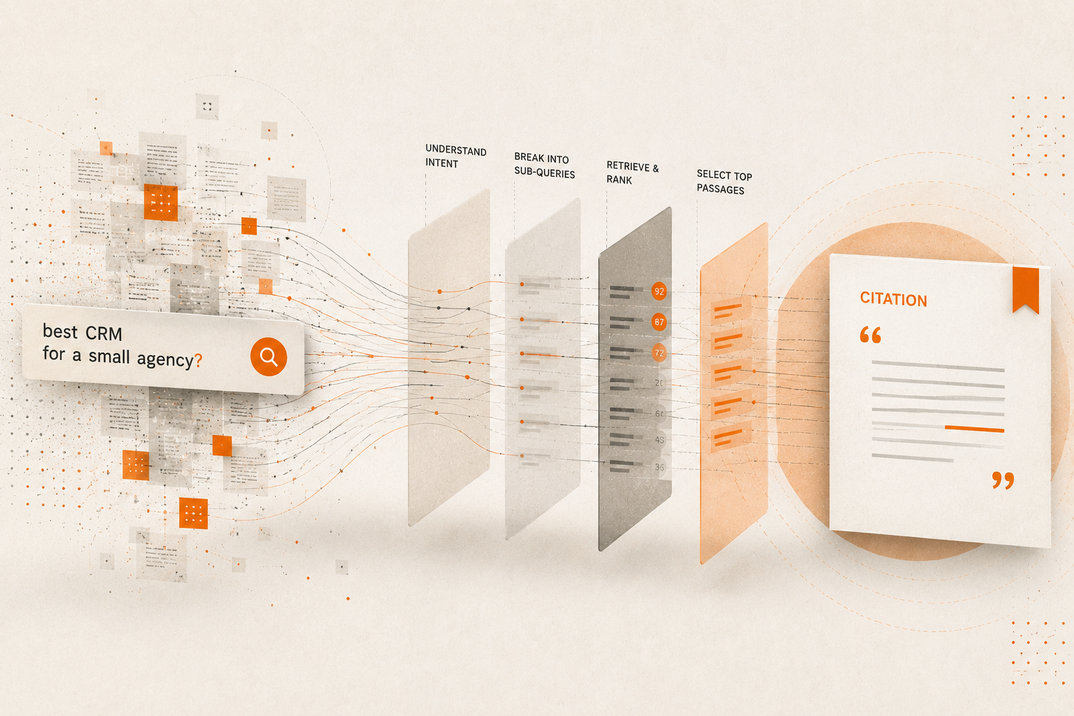 Light editorial illustration showing an AI citation pipeline where search queries break into sub-queries, pass through ranking layers, and resolve into a cited answer.