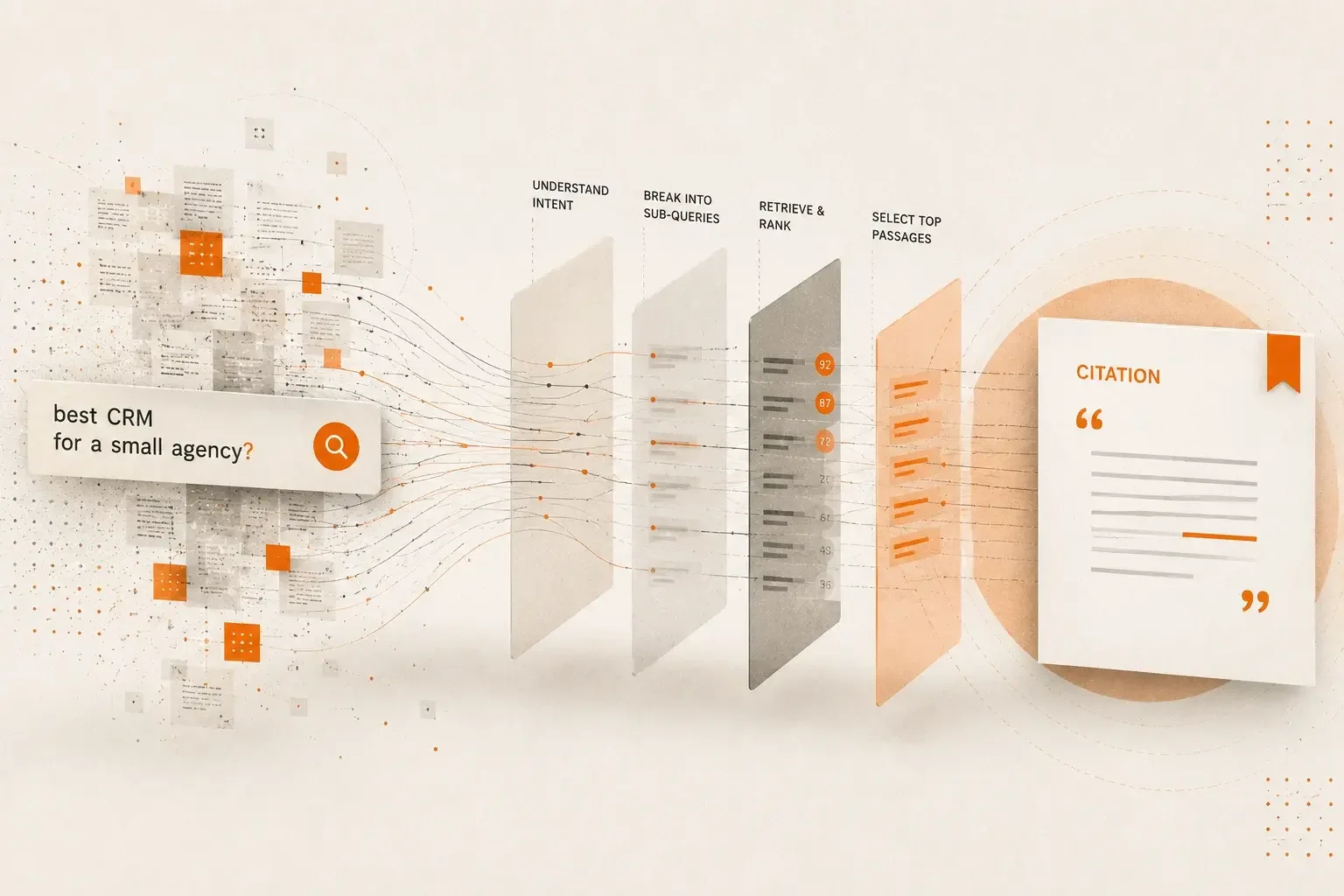 Light editorial illustration showing an AI citation pipeline where search queries break into sub-queries, pass through ranking layers, and resolve into a cited answer.