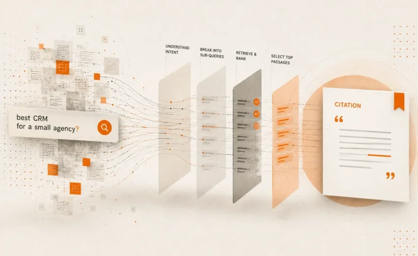 Light editorial illustration showing an AI citation pipeline where search queries break into sub-queries, pass through ranking layers, and resolve into a cited answer.