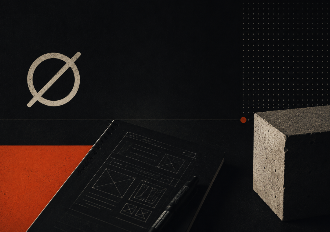 Abstract Zero Crossing-inspired workspace scene featuring wireframe sketches, concrete architectural forms, dark industrial textures, and orange accents representing the evolution from website design to application architecture.
