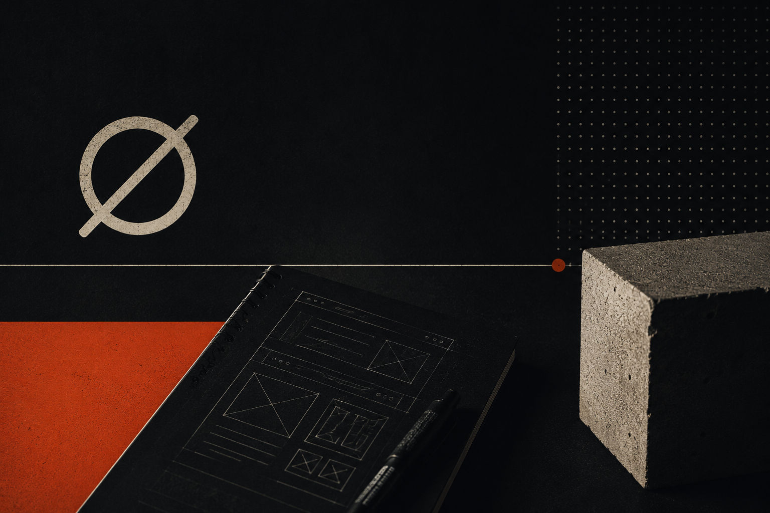 Abstract Zero Crossing-inspired workspace scene featuring wireframe sketches, concrete architectural forms, dark industrial textures, and orange accents representing the evolution from website design to application architecture.