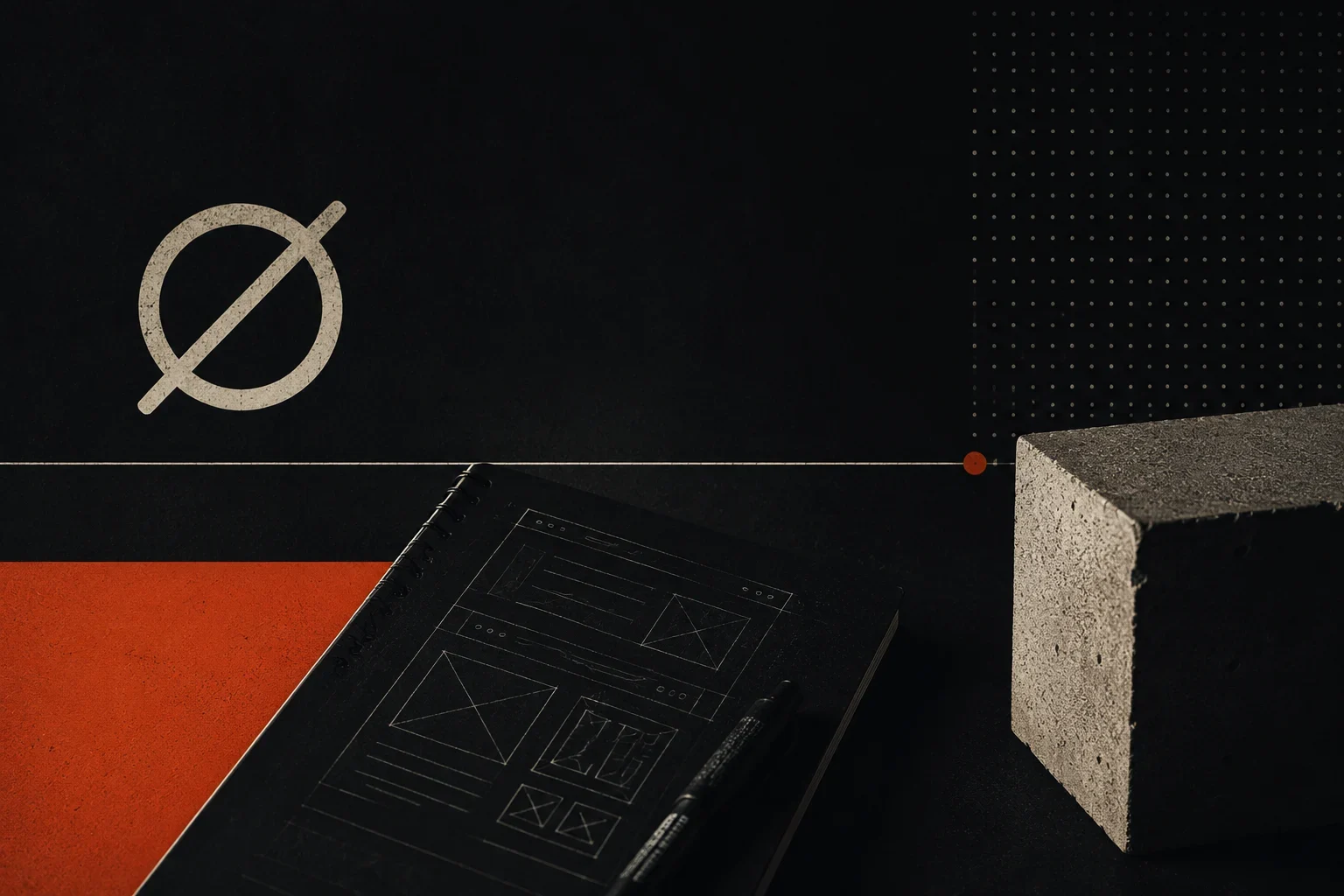 Abstract Zero Crossing-inspired workspace scene featuring wireframe sketches, concrete architectural forms, dark industrial textures, and orange accents representing the evolution from website design to application architecture.