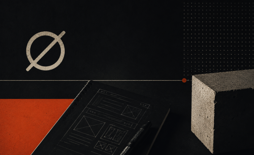 Abstract Zero Crossing-inspired workspace scene featuring wireframe sketches, concrete architectural forms, dark industrial textures, and orange accents representing the evolution from website design to application architecture.