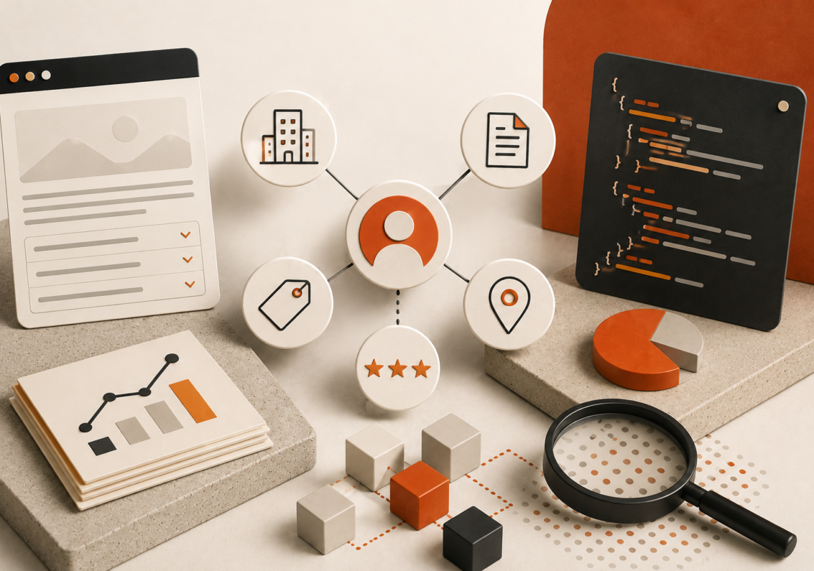 Editorial graphic illustrating schema markup for AI search with structured data code, entity relationships, article, product, review, and local business schema elements in a cream and orange visual system.