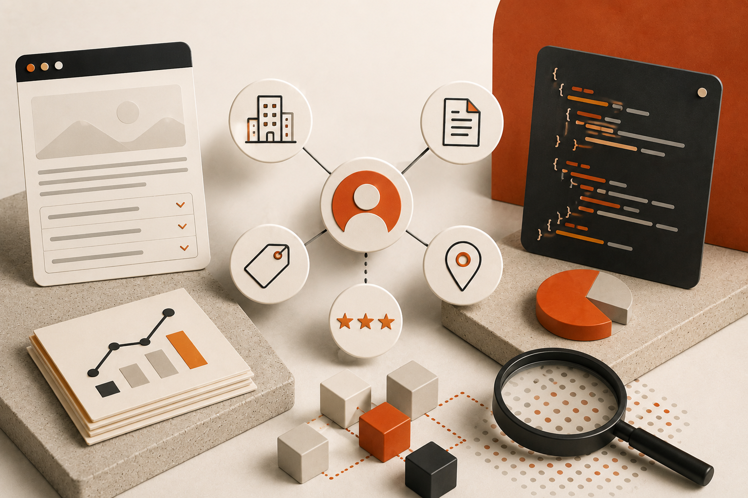 Editorial graphic illustrating schema markup for AI search with structured data code, entity relationships, article, product, review, and local business schema elements in a cream and orange visual system.