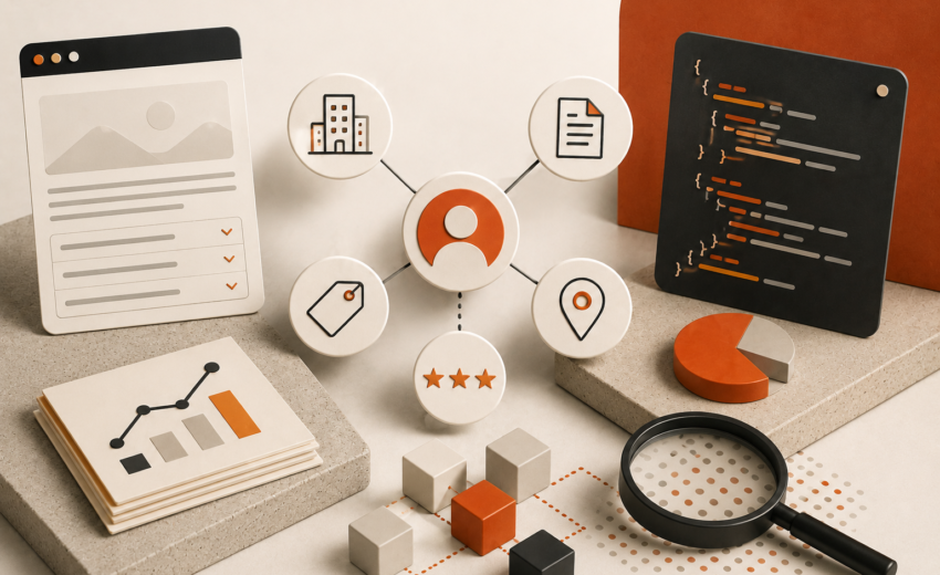 Editorial graphic illustrating schema markup for AI search with structured data code, entity relationships, article, product, review, and local business schema elements in a cream and orange visual system.