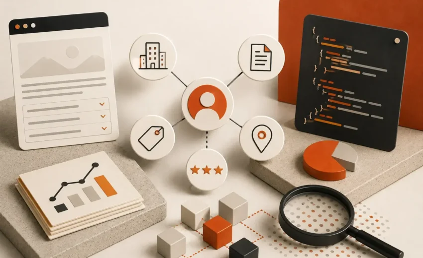 Editorial graphic illustrating schema markup for AI search with structured data code, entity relationships, article, product, review, and local business schema elements in a cream and orange visual system.