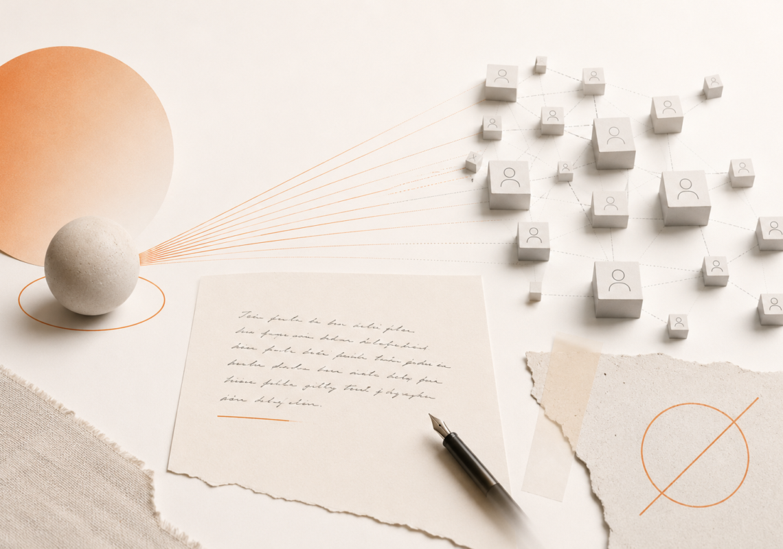 Minimalist editorial still life featuring a handwritten page, fountain pen, and interconnected abstract entities on a soft cream background, illustrating how founder expertise and documented ideas become trusted citation sources for AI systems.