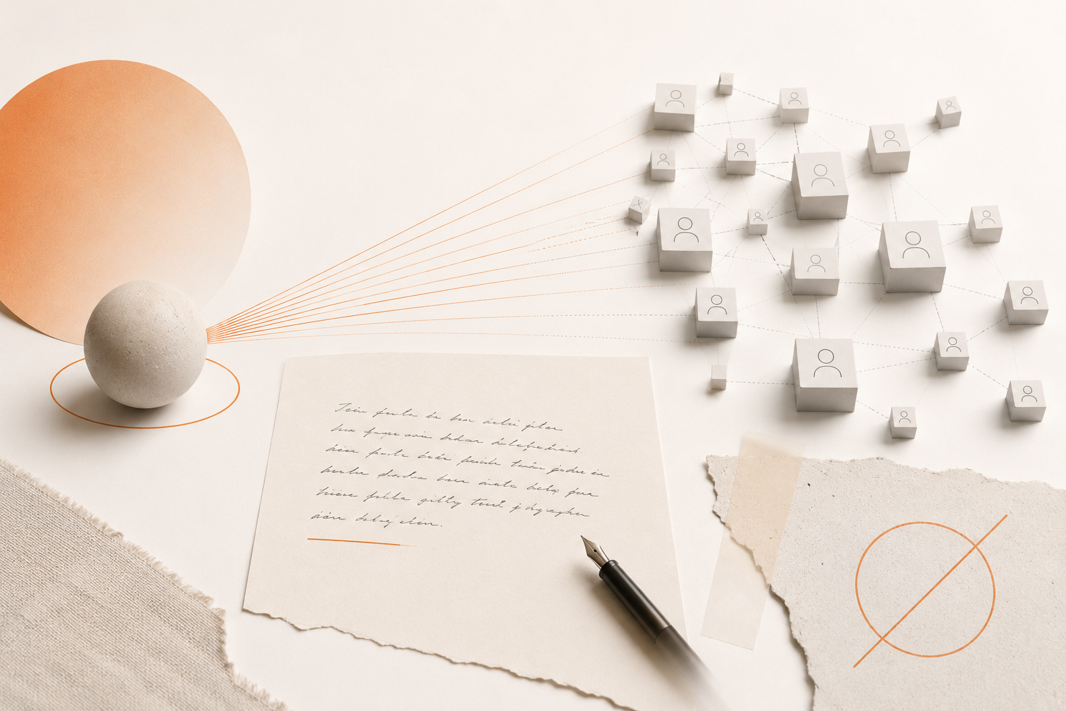 Minimalist editorial still life featuring a handwritten page, fountain pen, and interconnected abstract entities on a soft cream background, illustrating how founder expertise and documented ideas become trusted citation sources for AI systems.