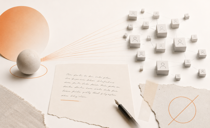 Minimalist editorial still life featuring a handwritten page, fountain pen, and interconnected abstract entities on a soft cream background, illustrating how founder expertise and documented ideas become trusted citation sources for AI systems.