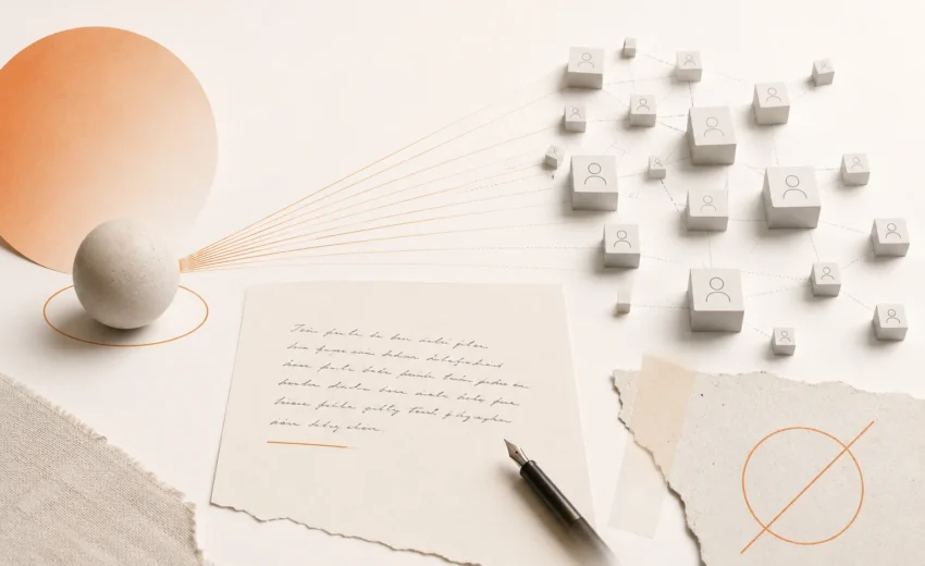 Minimalist editorial still life featuring a handwritten page, fountain pen, and interconnected abstract entities on a soft cream background, illustrating how founder expertise and documented ideas become trusted citation sources for AI systems.