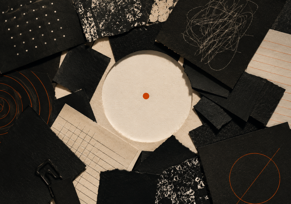 Abstract Zero Crossing-inspired composition showing a single clear signal surrounded by layers of visual noise using torn paper, textured black surfaces, architectural forms, and warm orange accents to represent domain-level topical coherence.