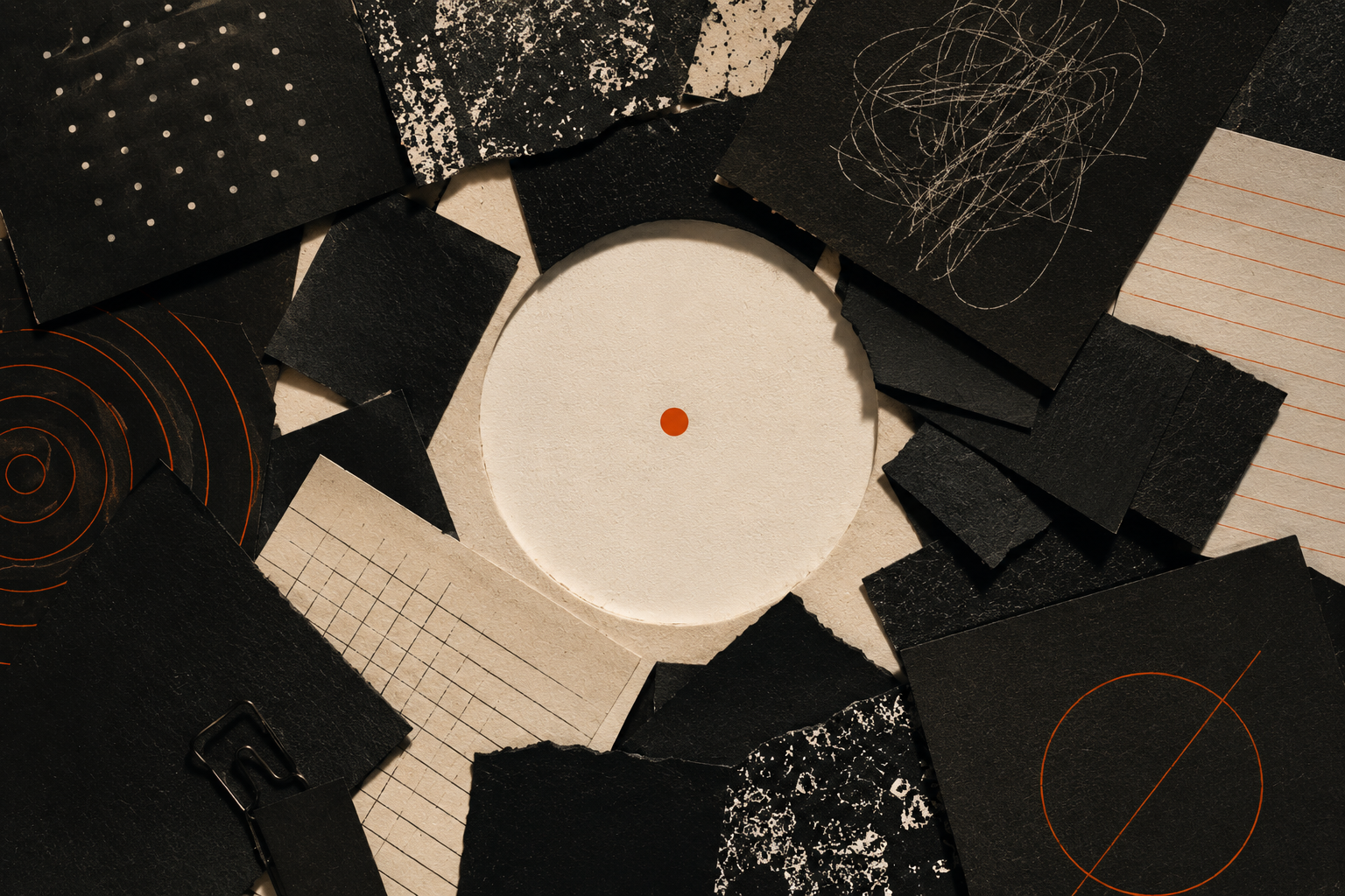 Abstract Zero Crossing-inspired composition showing a single clear signal surrounded by layers of visual noise using torn paper, textured black surfaces, architectural forms, and warm orange accents to represent domain-level topical coherence.