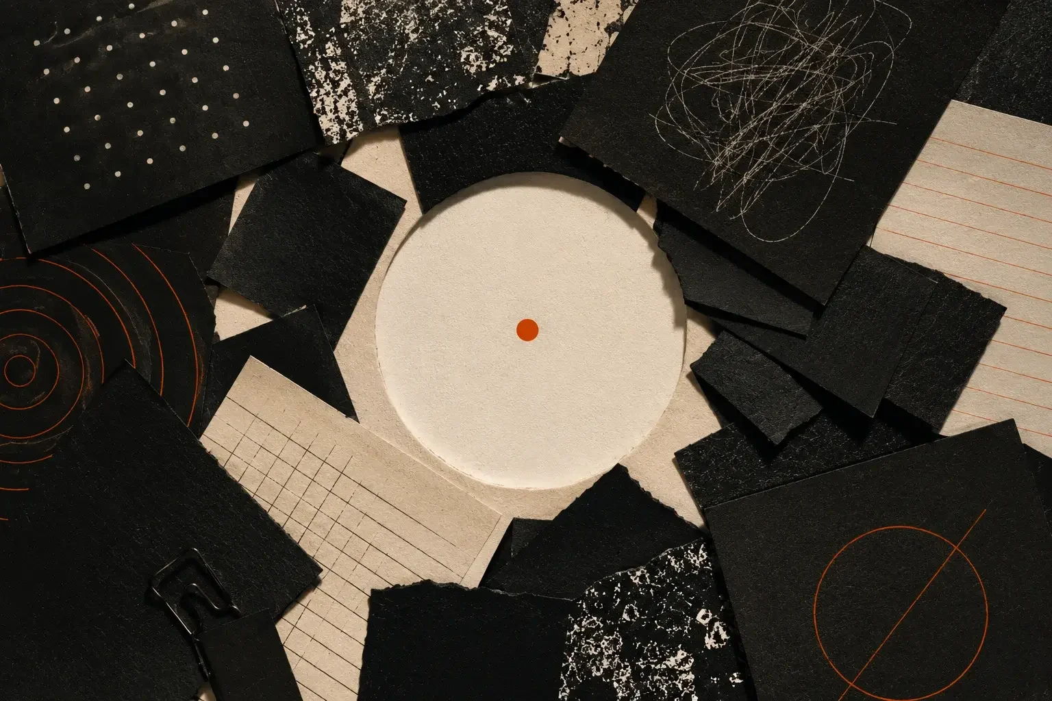 Abstract Zero Crossing-inspired composition showing a single clear signal surrounded by layers of visual noise using torn paper, textured black surfaces, architectural forms, and warm orange accents to represent domain-level topical coherence.