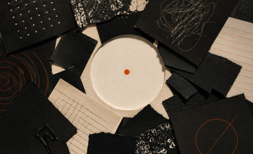 Abstract Zero Crossing-inspired composition showing a single clear signal surrounded by layers of visual noise using torn paper, textured black surfaces, architectural forms, and warm orange accents to represent domain-level topical coherence.
