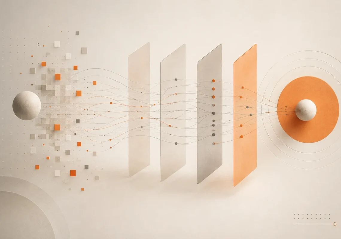 Abstract visualization of AEO vs SEO showing information moving through layered search and AI processing systems toward a final selected answer.