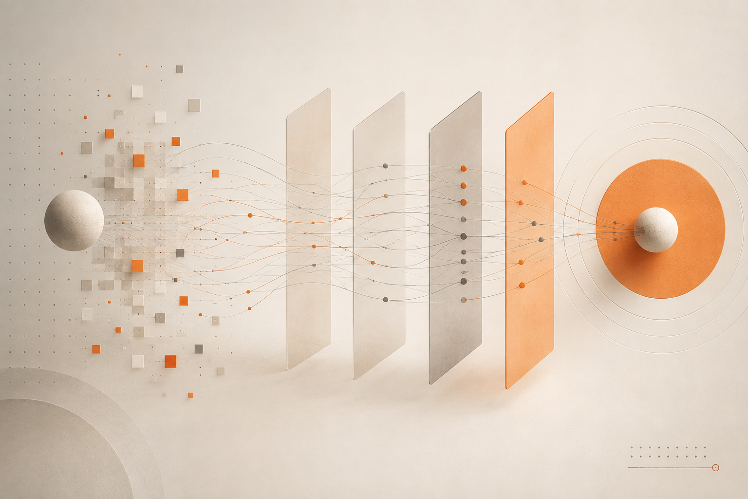 Abstract visualization of AEO vs SEO showing information moving through layered search and AI processing systems toward a final selected answer.