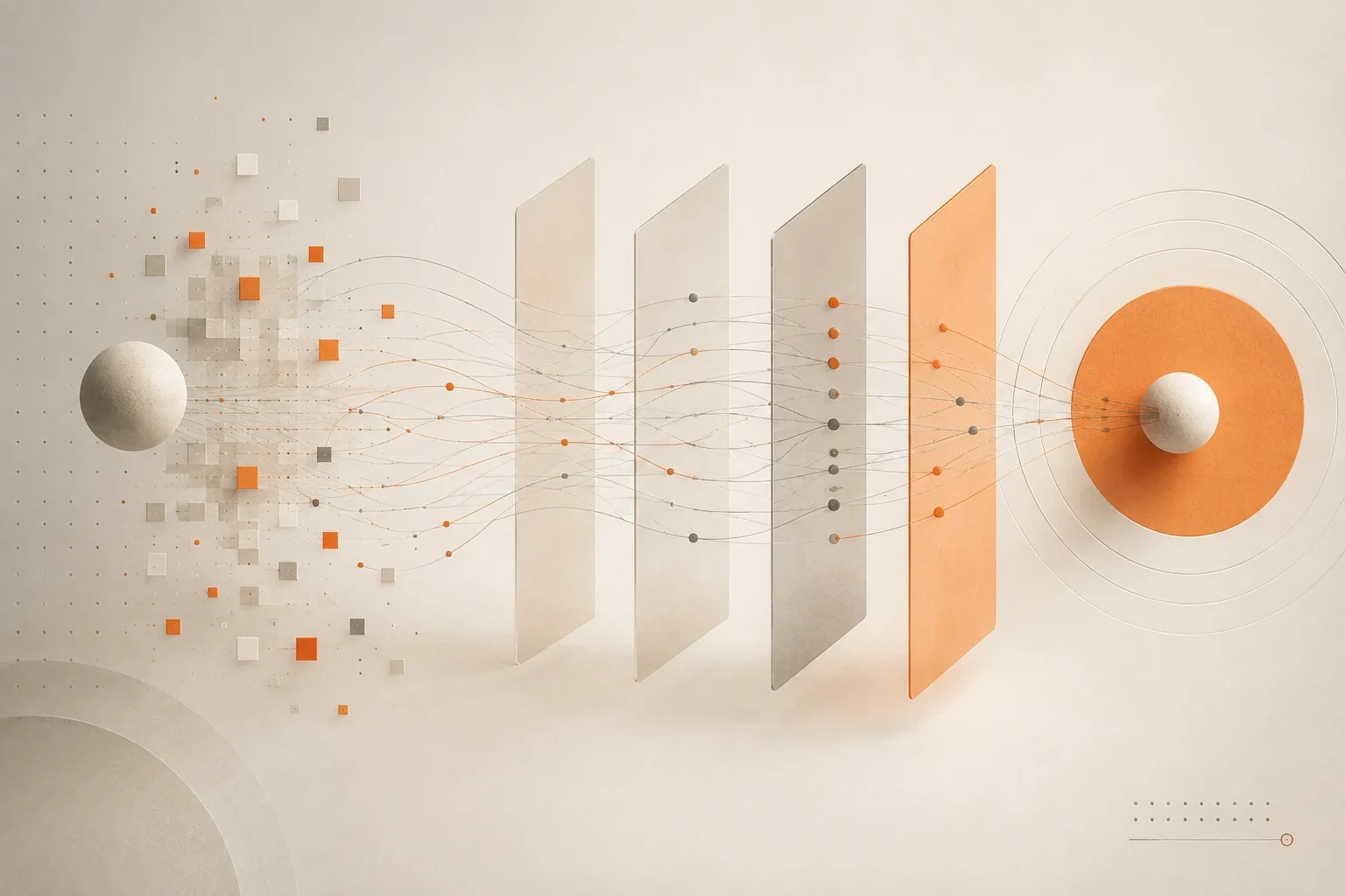Abstract visualization of AEO vs SEO showing information moving through layered search and AI processing systems toward a final selected answer.