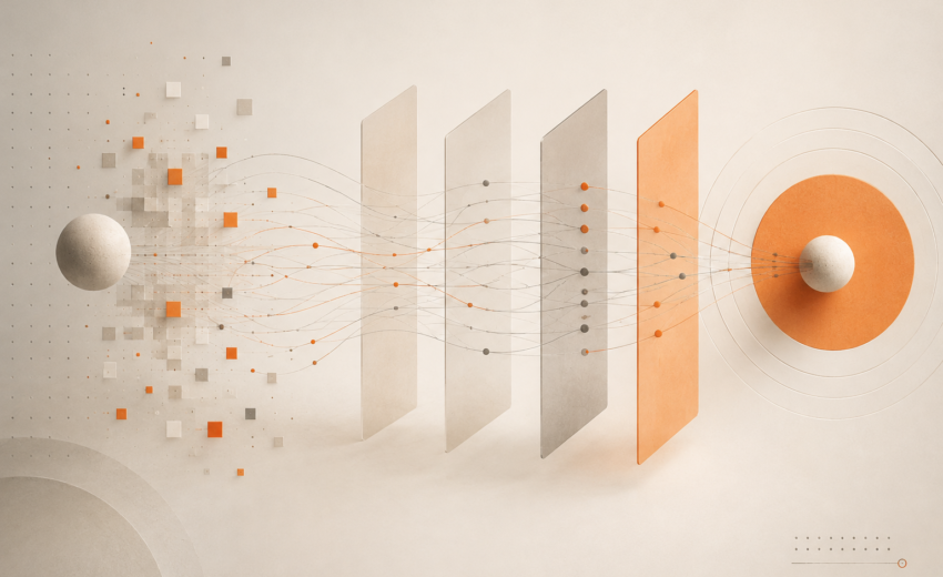 Abstract visualization of AEO vs SEO showing information moving through layered search and AI processing systems toward a final selected answer.