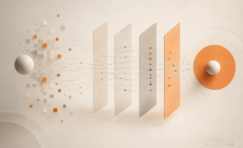 Abstract visualization of AEO vs SEO showing information moving through layered search and AI processing systems toward a final selected answer.