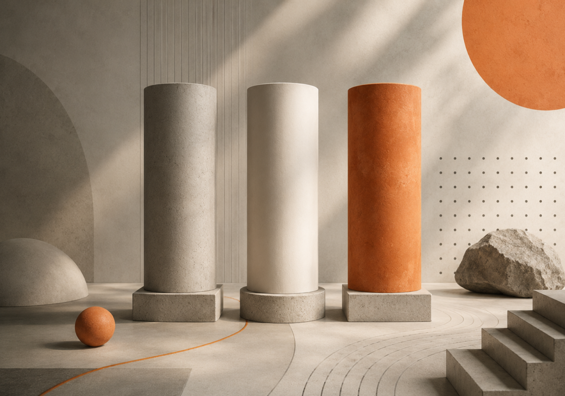 Three abstract architectural pillars representing the core principles of answer engine optimization with minimalist geometric forms and orange accents.