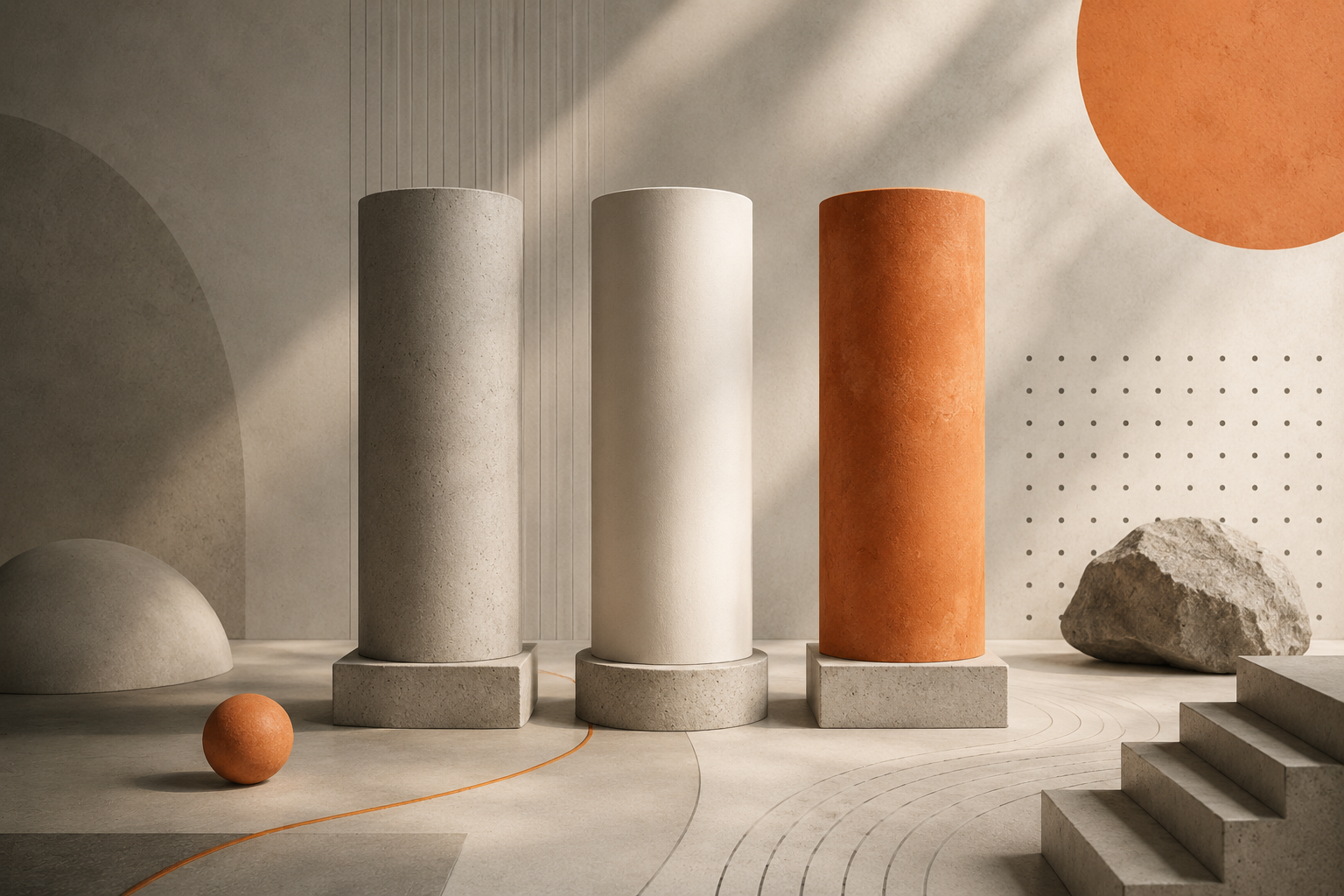 Three abstract architectural pillars representing the core principles of answer engine optimization with minimalist geometric forms and orange accents.