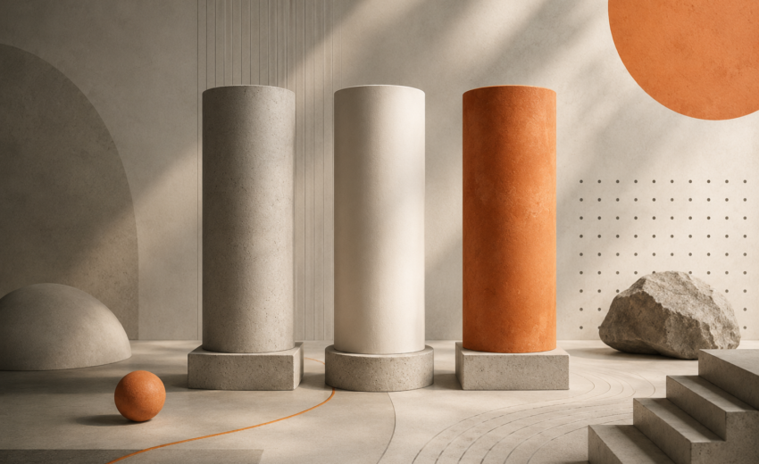 Three abstract architectural pillars representing the core principles of answer engine optimization with minimalist geometric forms and orange accents.
