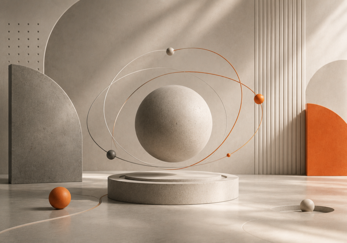 Abstract visualization of Generative Engine Optimization with interconnected spheres and orbital paths representing how AI systems retrieve, evaluate, and cite information.