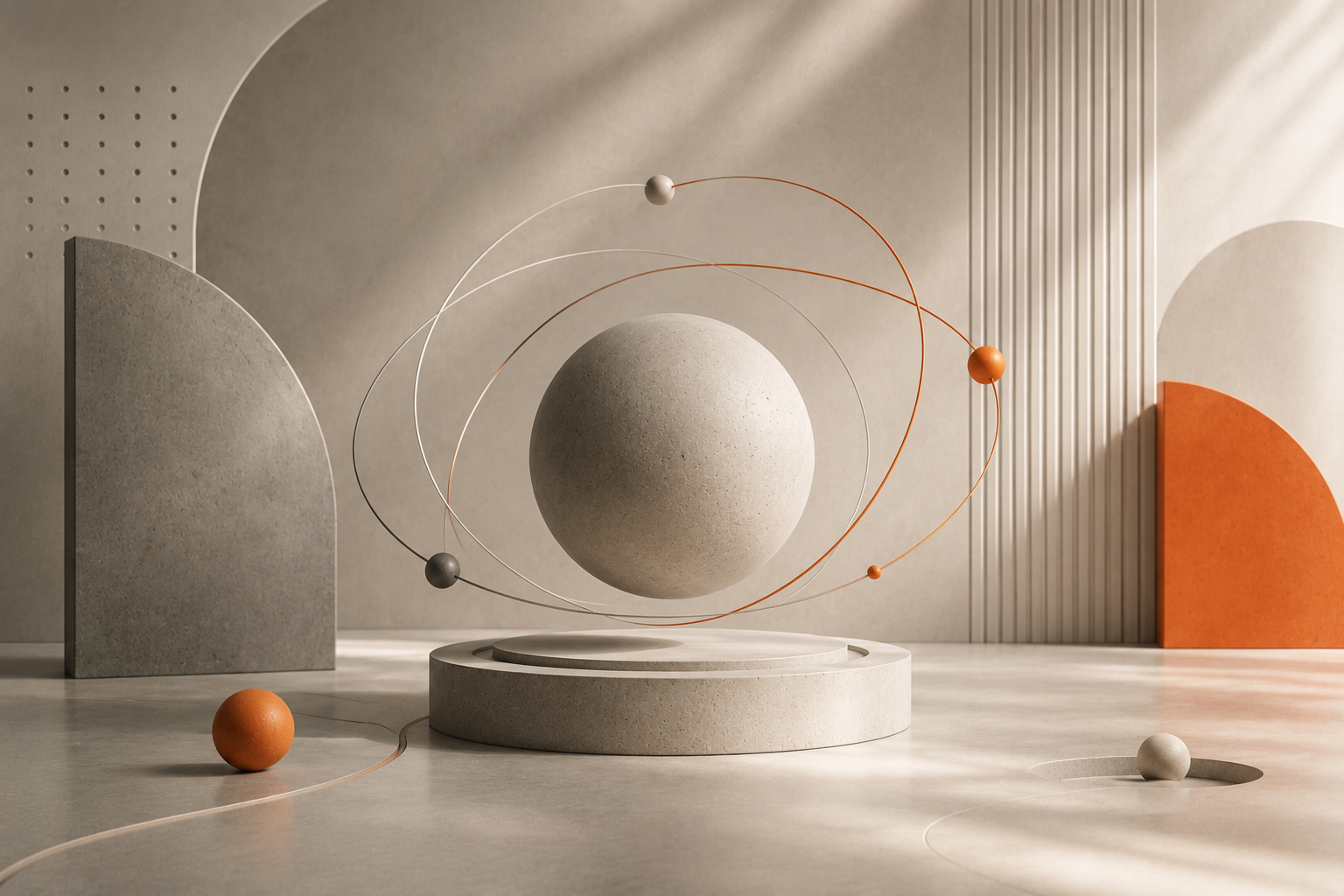 Abstract visualization of Generative Engine Optimization with interconnected spheres and orbital paths representing how AI systems retrieve, evaluate, and cite information.