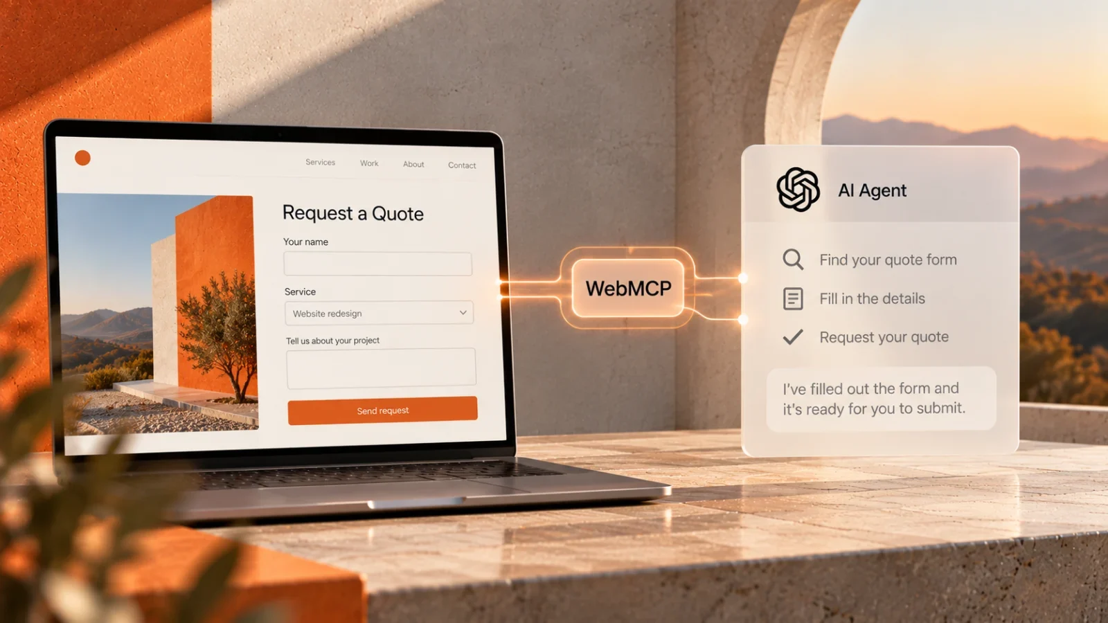 WebMCP connecting a business website's quote request form to an AI agent for automated form completion.