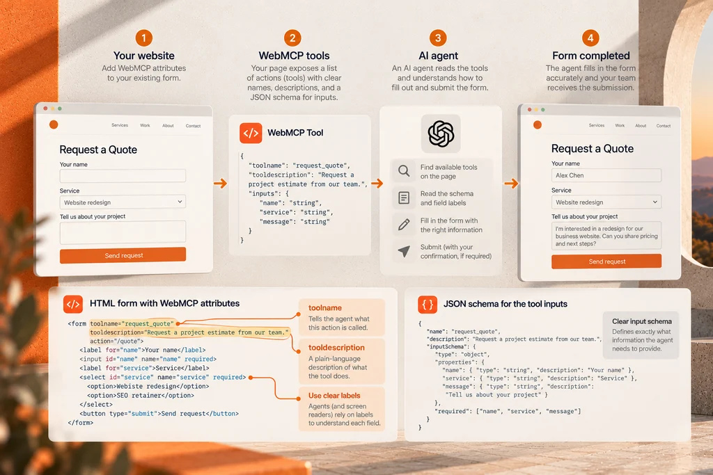 How WebMCP makes a website agent-ready by exposing HTML forms as tools that AI agents can understand and complete.